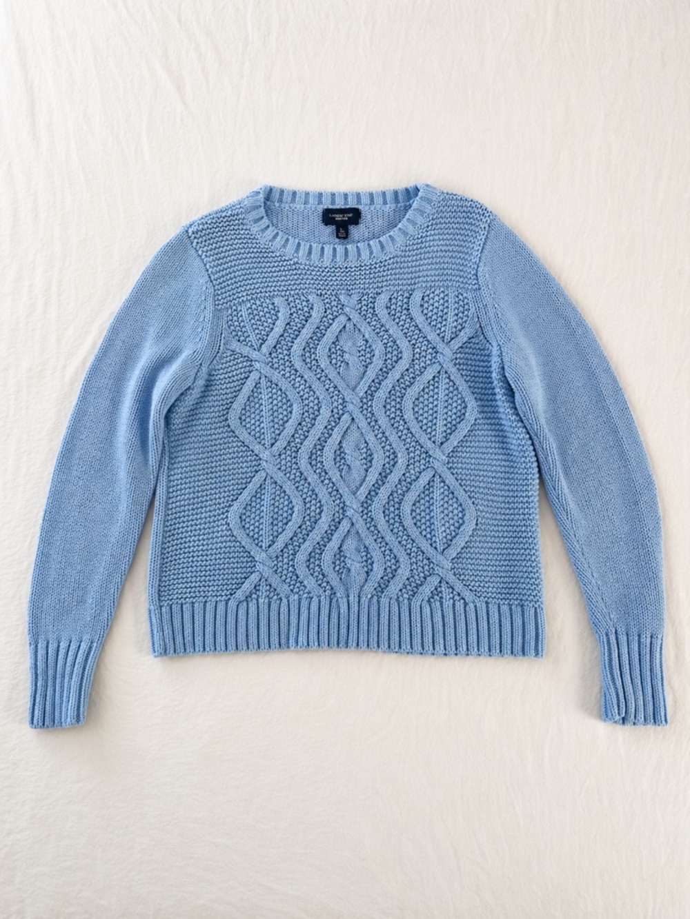 Lands’ End Blue Cable Knit Sweater L Cotton Crewneck